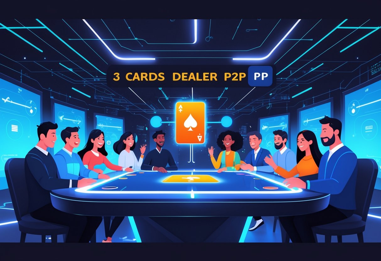 Ilustrasi meja permainan kartu digital dengan tiga kartu utama di tengah, dikelilingi pemain yang antusias, menunjukkan keunggulan mekanisme dealer P2P dibanding model konvensional.