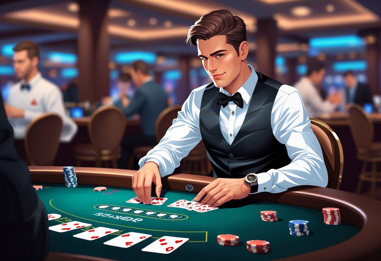 Seorang pemain poker fokus memperhatikan kartu di tangan saat bermain 3 Cards di meja kasino dengan dealer yang membagikan kartu di depan mereka.