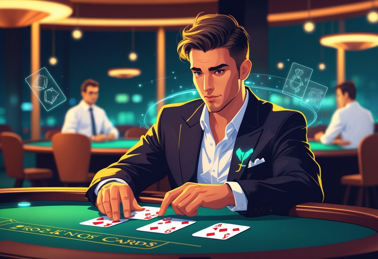 Seorang pemain kartu yang fokus duduk di meja kasino dengan tiga kartu di depannya, memperhatikan kartu tersebut sementara dealer berdiri di belakang meja.