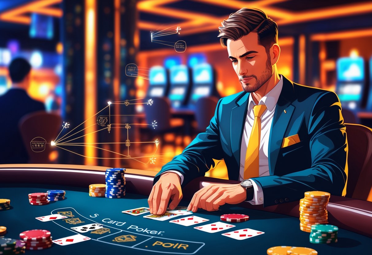 Seorang pemain profesional sedang duduk di meja kasino, memperhatikan kartu dan pola taruhan dealer dalam permainan kartu 3 Cards.