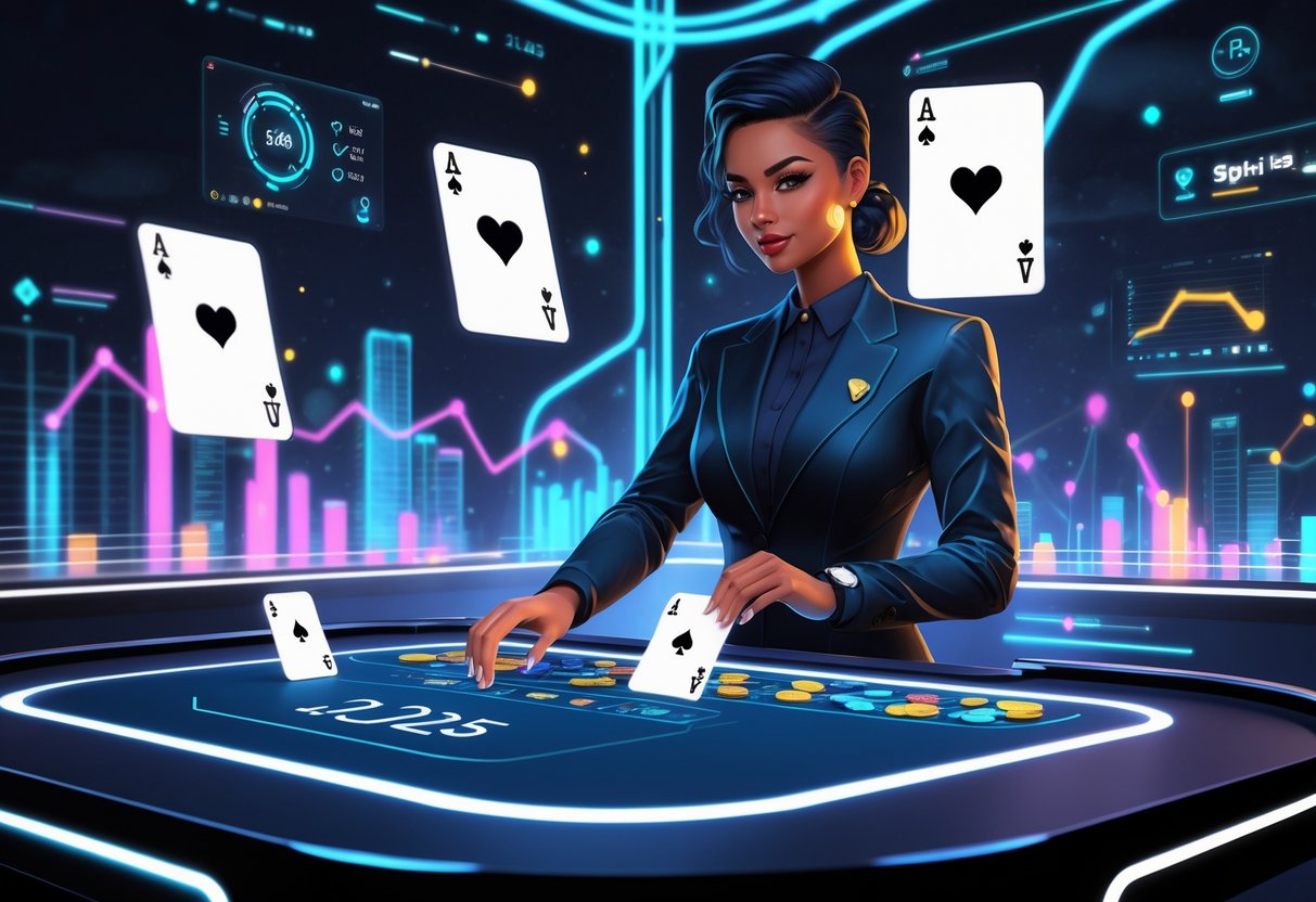 Seorang dealer kartu tiga online di meja kasino futuristik dengan kartu holografik dan elemen digital di sekitarnya.