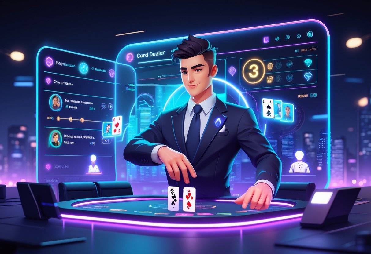 Seorang dealer kartu profesional sedang membagikan tiga kartu di depan layar permainan virtual dengan elemen holografik dan latar belakang kota futuristik.