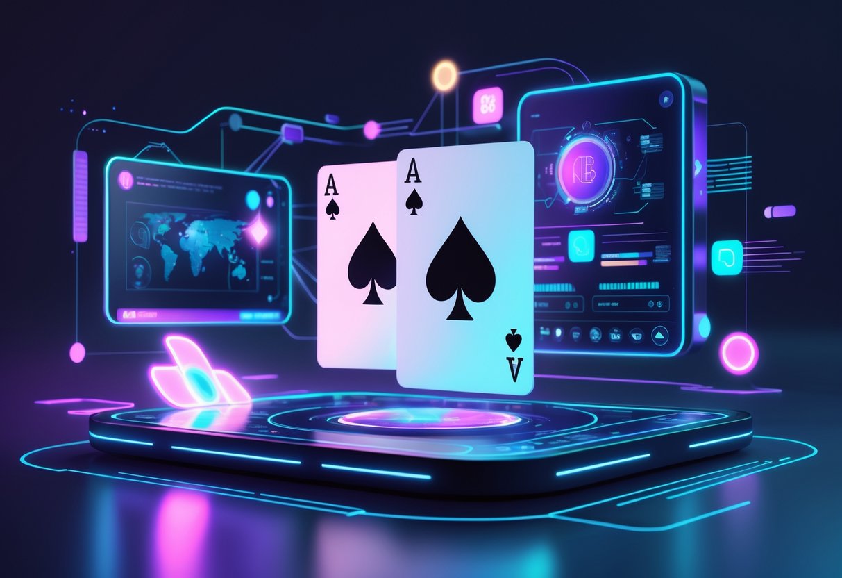 Ilustrasi profesional yang menampilkan tiga kartu bermain digital dengan elemen teknologi futuristik di latar belakang.