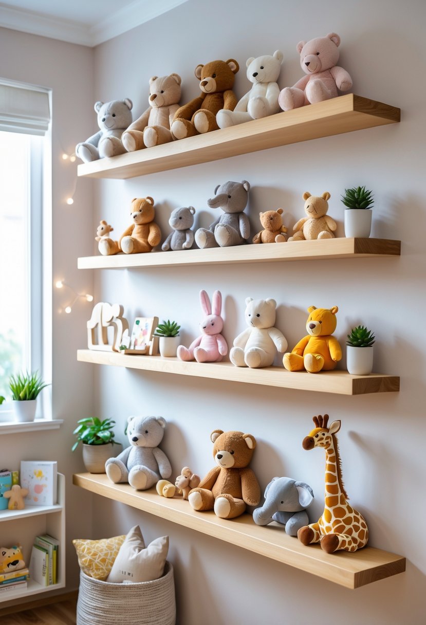 Floating wooden shelves on a nursery wall displaying a variety of plush animal toys arranged neatly.