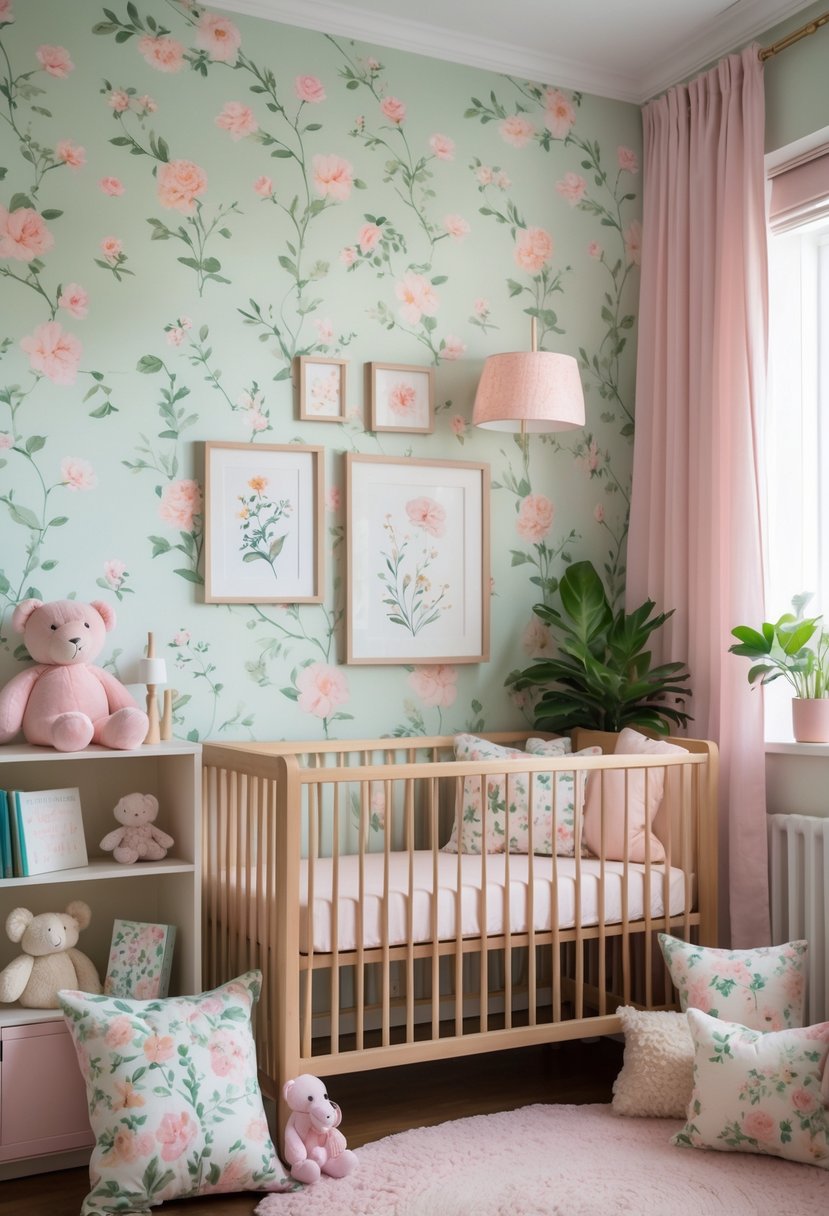 A nursery room with pastel pink and green floral wallpaper, a wooden crib, cushions, plush toys, framed botanical prints, and potted plants.