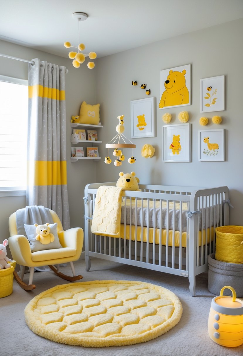 A baby nursery decorated with soft pastel yellow and gray Winnie the Pooh themed items including toys, bedding, wall art, and furniture.