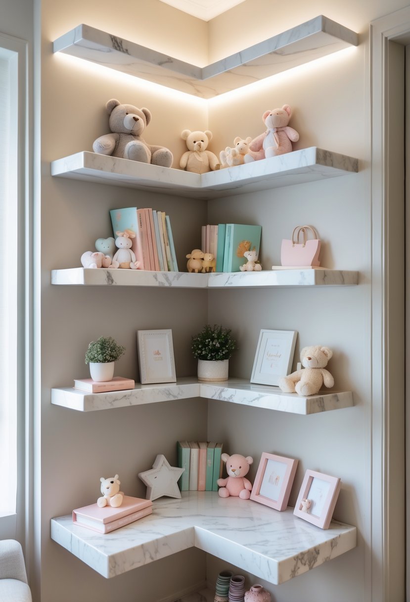 Marble corner shelves in a nursery decorated with stuffed animals, books, plants, and baby toys.