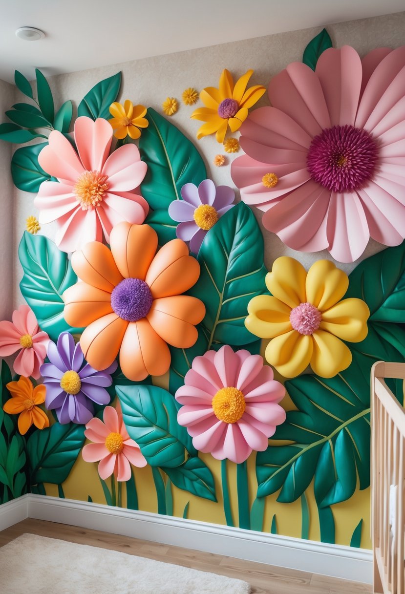 A nursery wall decorated with a mural of large colorful flowers and green leaves.