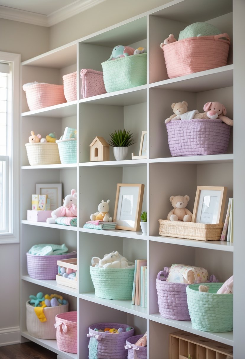 Open wall shelves in a nursery with pastel-colored baskets and baby decor items neatly arranged.