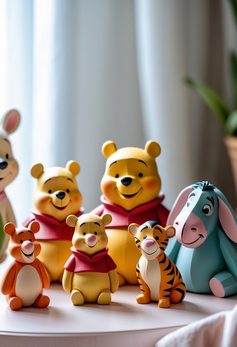 A group of hand-painted wooden figurines of Winnie the Pooh and his friends arranged as nursery decorations.