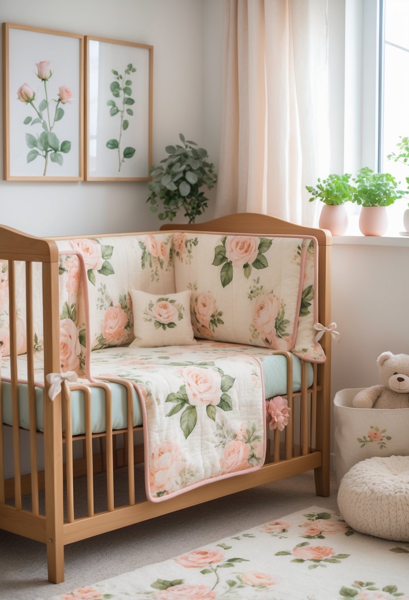 A nursery with a wooden crib decorated with bedding featuring delicate rose patterns, surrounded by plants, framed prints, and soft toys.