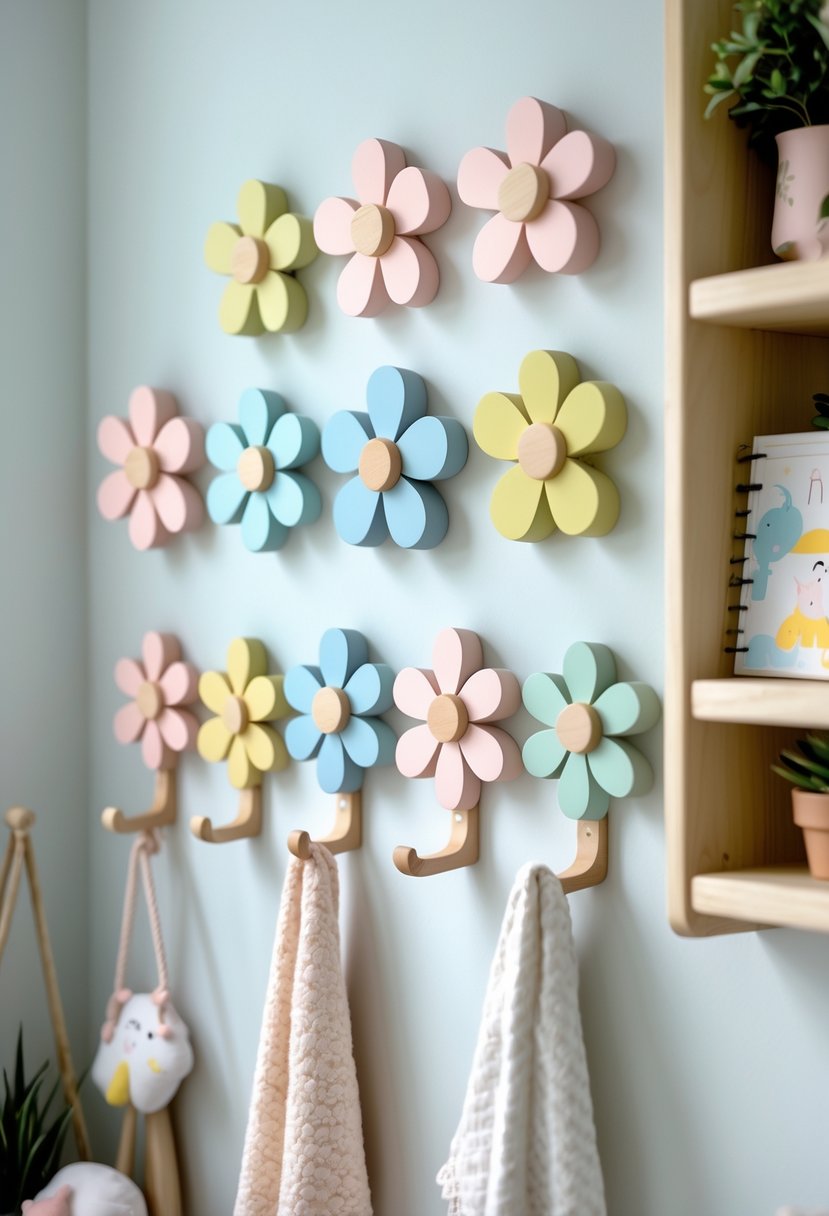 Flower-shaped wooden wall hooks painted in pastel colors on a nursery wall with baby toys and decor.