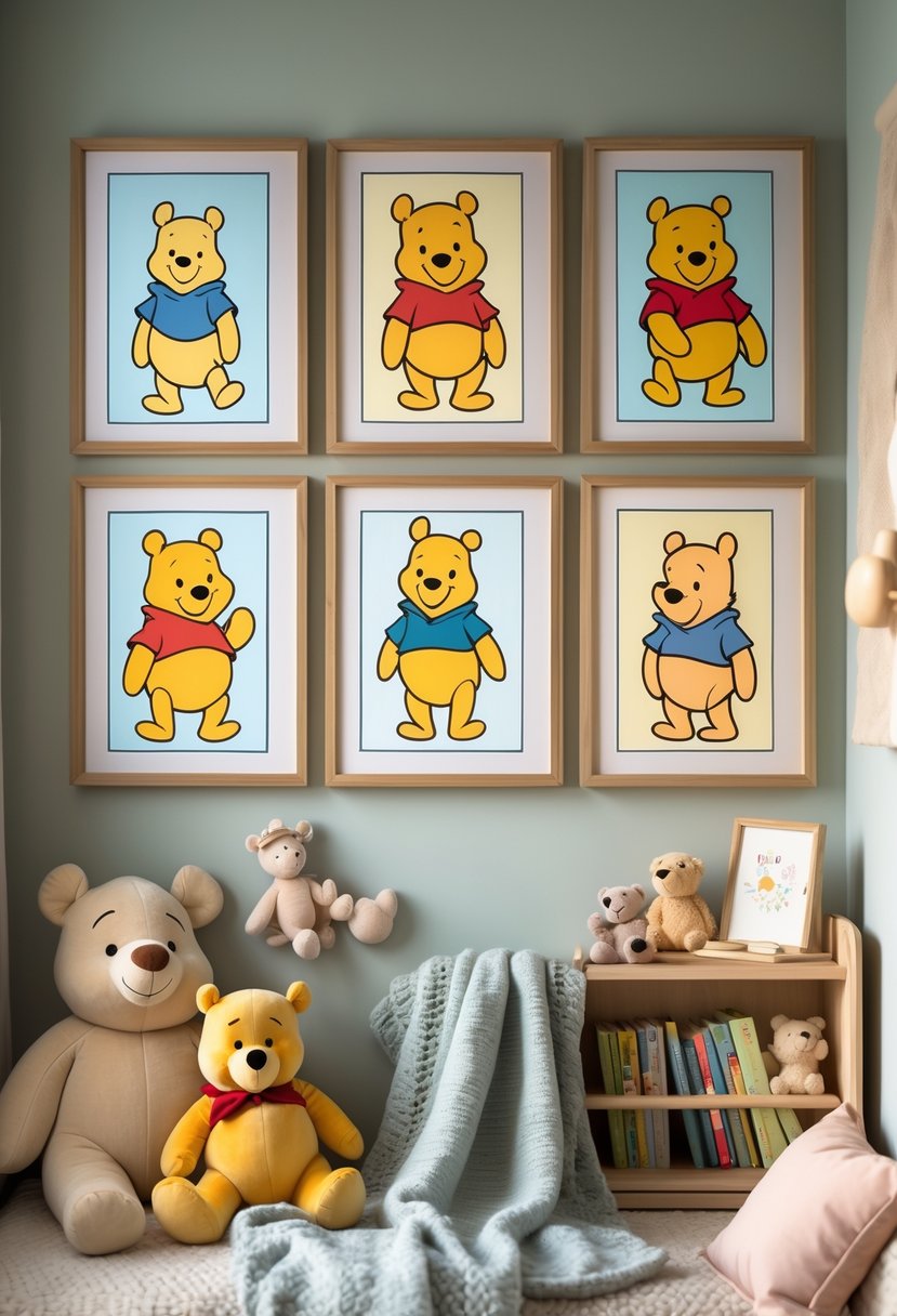 A nursery corner with framed pictures of Winnie the Pooh characters on the wall, surrounded by plush toys and children's books.