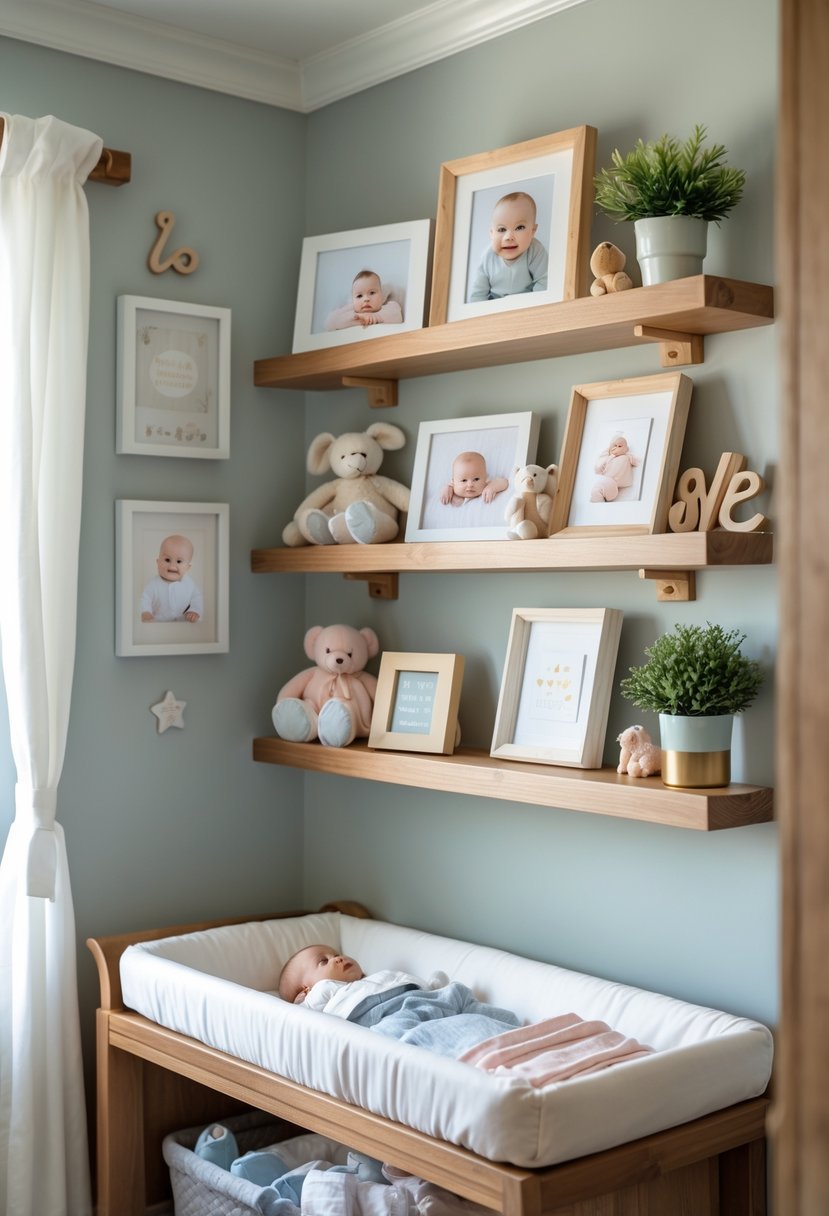 A nursery corner with a changing table and shelves above holding picture frames and nursery decor items.