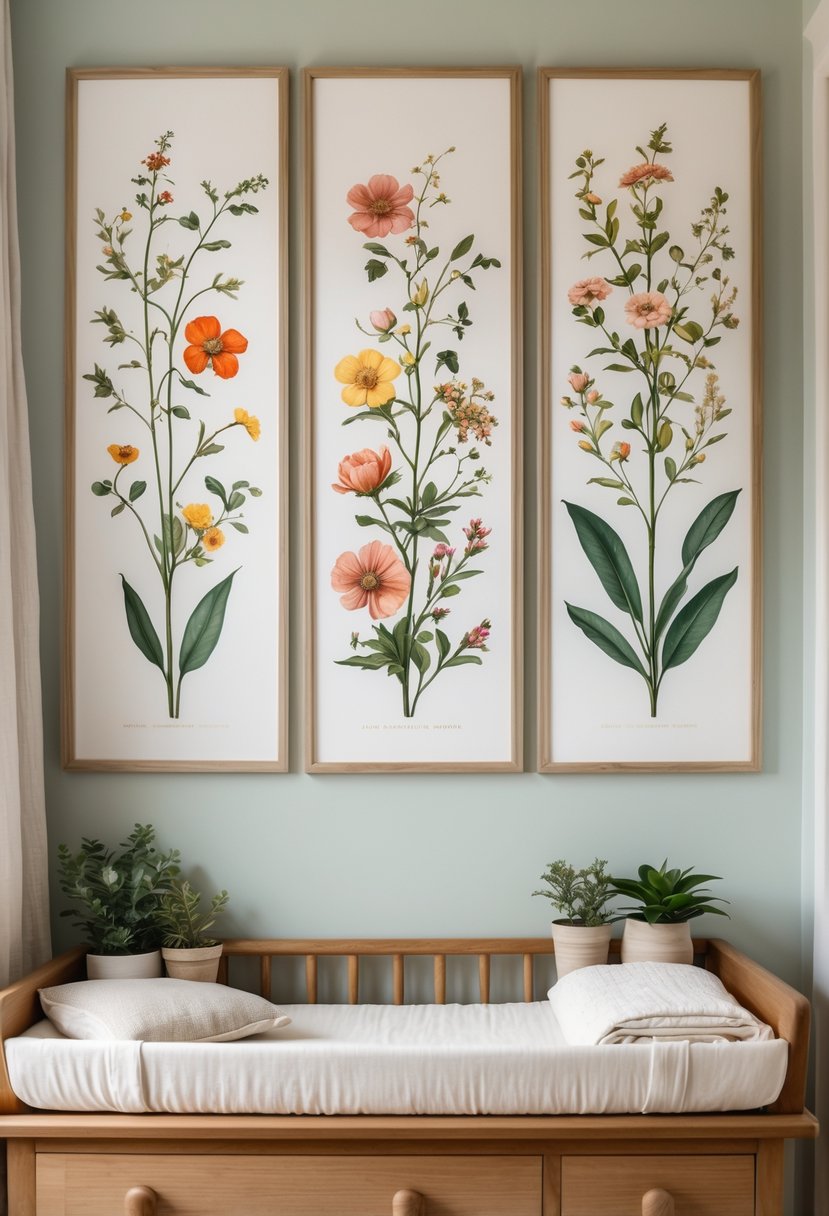 A nursery corner with a wooden changing table below three framed botanical flower illustrations and small potted plants on the table.