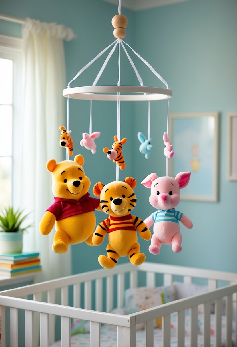 A nursery mobile with plush Winnie the Pooh, Tigger, and Piglet figures hanging above a crib in a softly lit nursery.