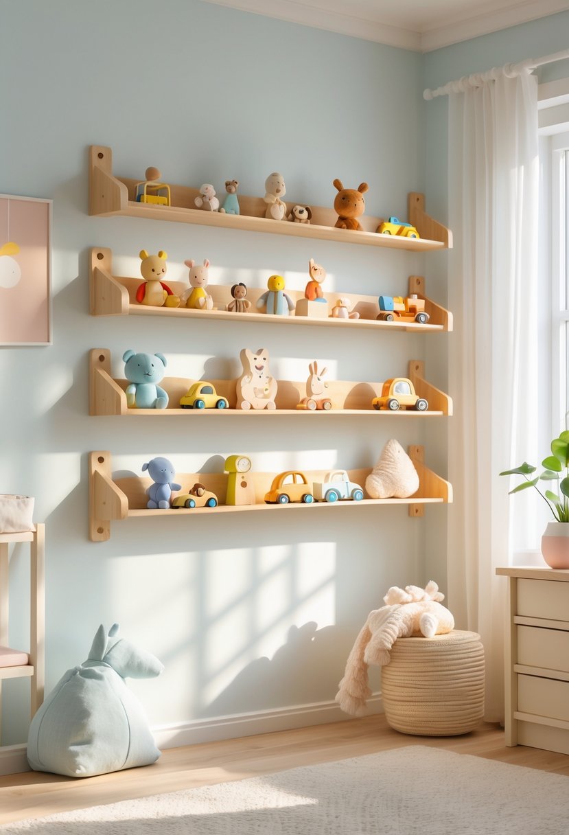 Wall-mounted peg shelves holding small toys in a bright nursery room with natural light.