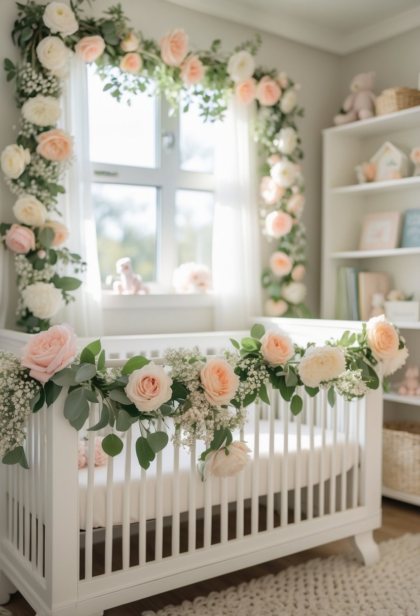 A nursery with floral garlands draped over a crib and bookshelf, featuring pastel flowers and children's books.
