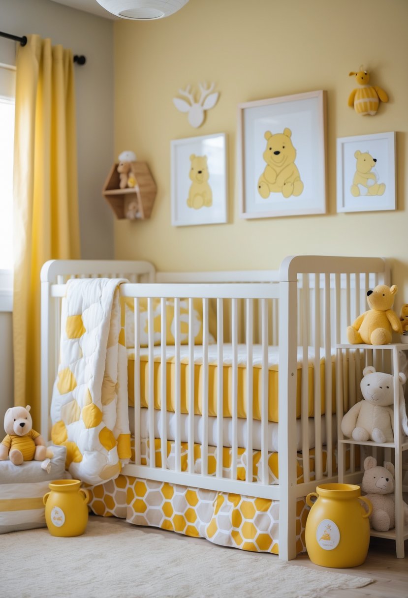 A cozy nursery with a crib decorated with a honeycomb-patterned crib skirt and Winnie the Pooh themed toys and decor.