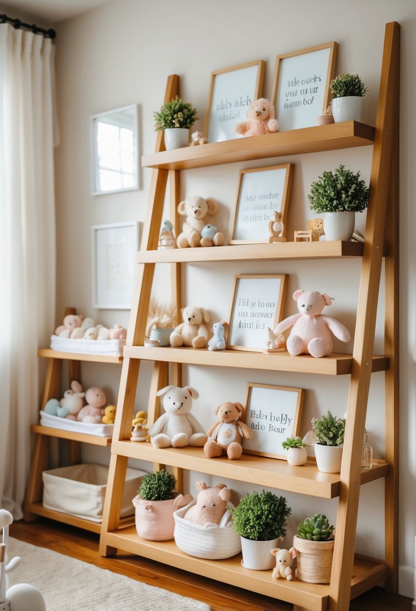 Tiered wooden shelves in a nursery room displaying framed decorations, stuffed animals, plants, and baby toys.