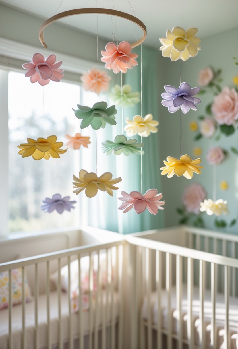A nursery with several flower-shaped fabric mobiles hanging above a crib, surrounded by soft pastel colors and natural light.