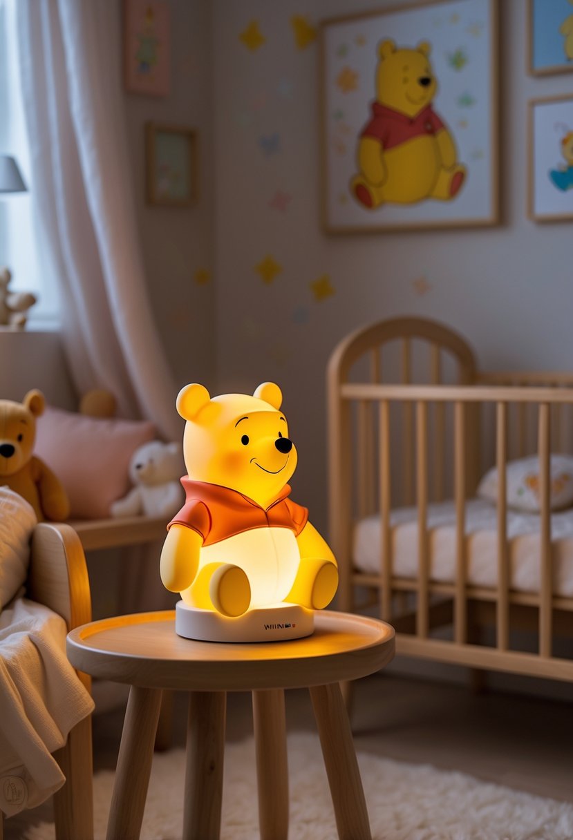 A cozy nursery with a glowing Winnie the Pooh nightlight surrounded by soft toys and a crib.