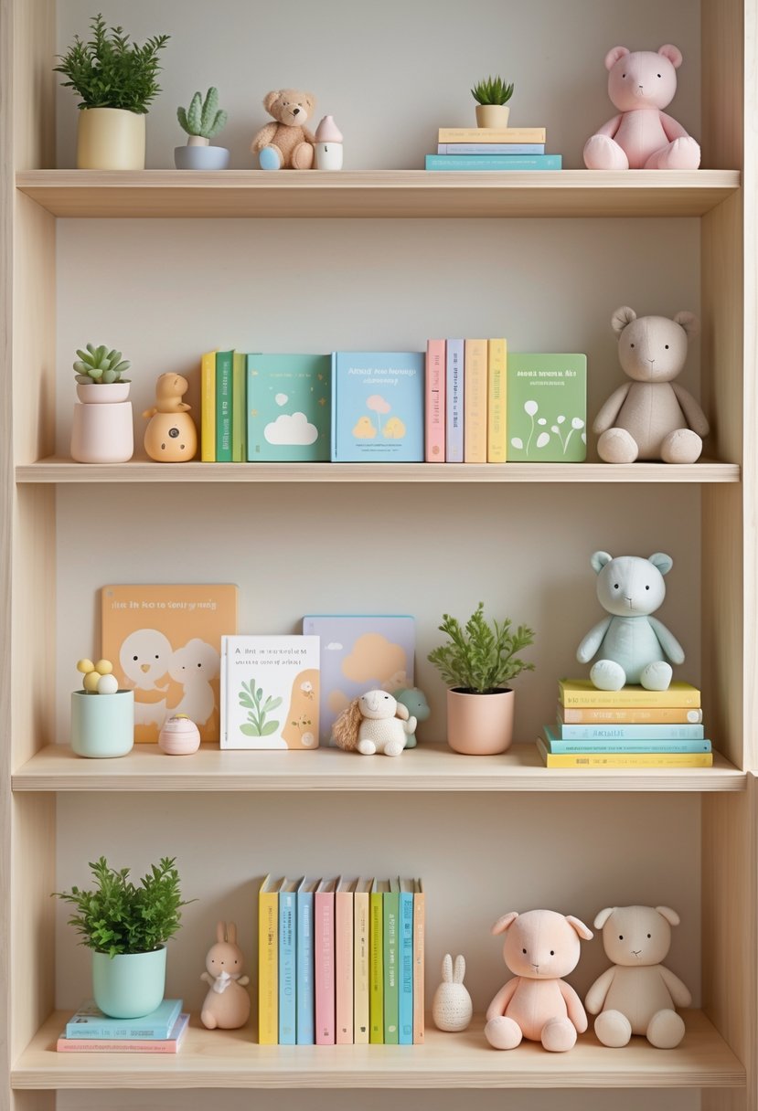 Neutral-tone wooden shelves displaying colorful board books and nursery decor including toys, stuffed animals, and small plants.