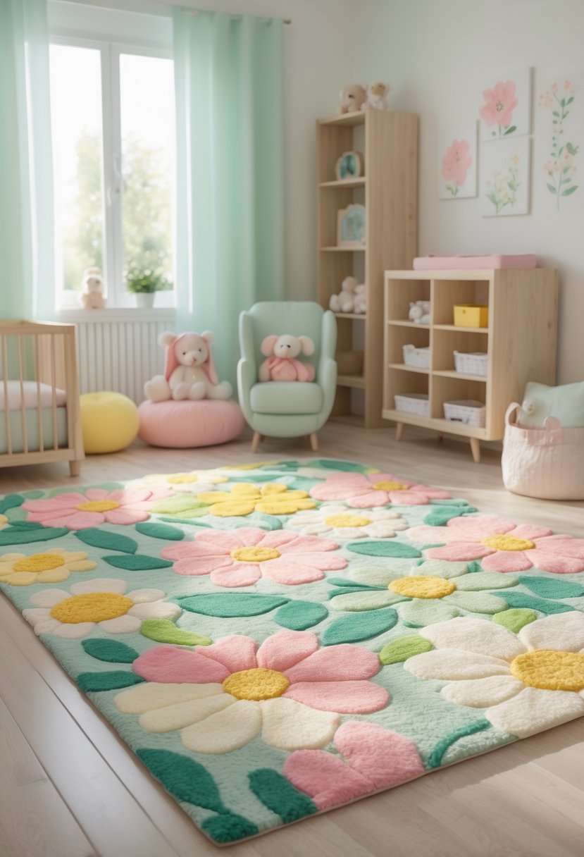 A nursery room with a colorful floral area rug, crib, stuffed animals, bookshelf, and floral wall decorations.