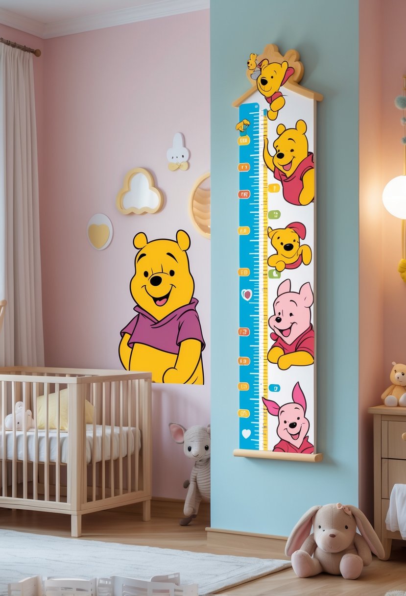A children's nursery with a colorful growth chart featuring Pooh and Piglet characters on the wall, surrounded by soft toys and a crib.