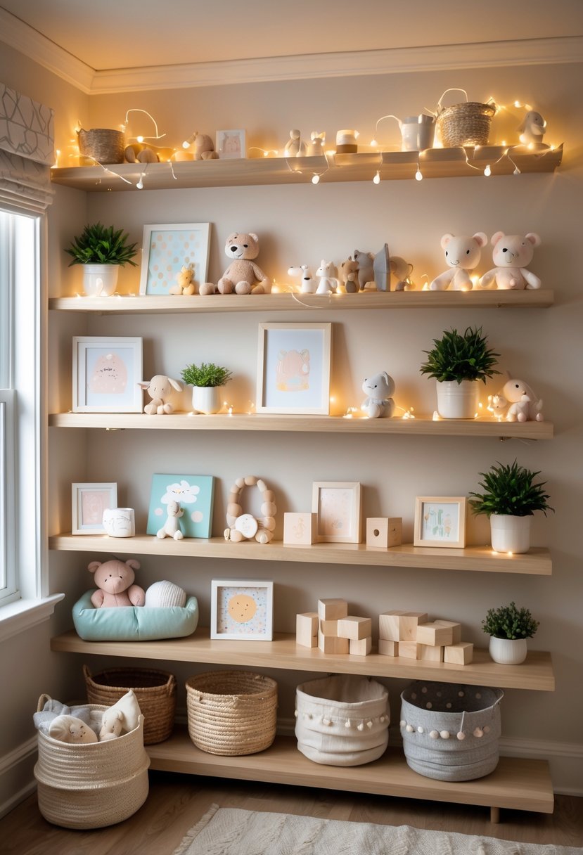Shelves in a nursery decorated with fairy lights and various cute items like toys, books, and plants.