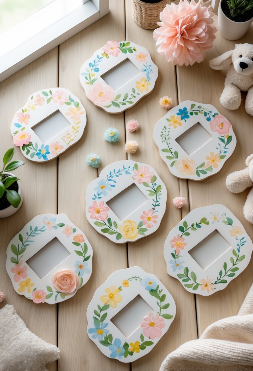A collection of hand-painted floral name plaques for nursery doors displayed on a wooden surface with nursery decor items around them.