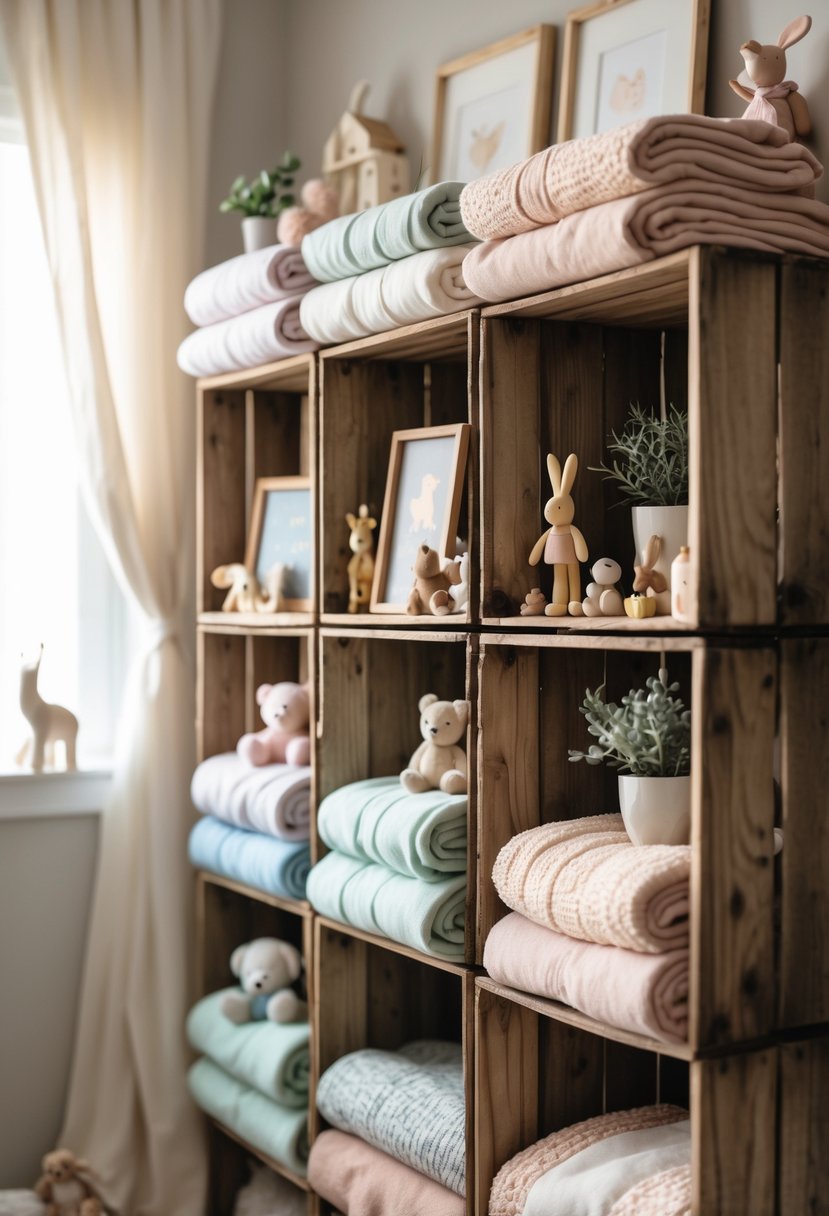 Rustic wooden crate shelves holding soft blankets and nursery decorations in a cozy nursery room.
