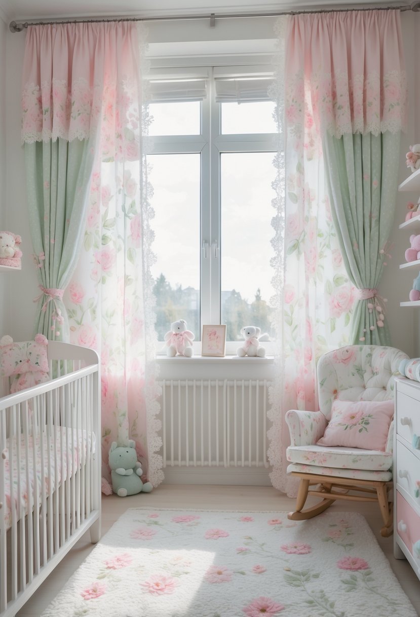 A nursery room with pastel floral curtains, a crib with floral bedding, a rocking chair, and shelves with toys and books.