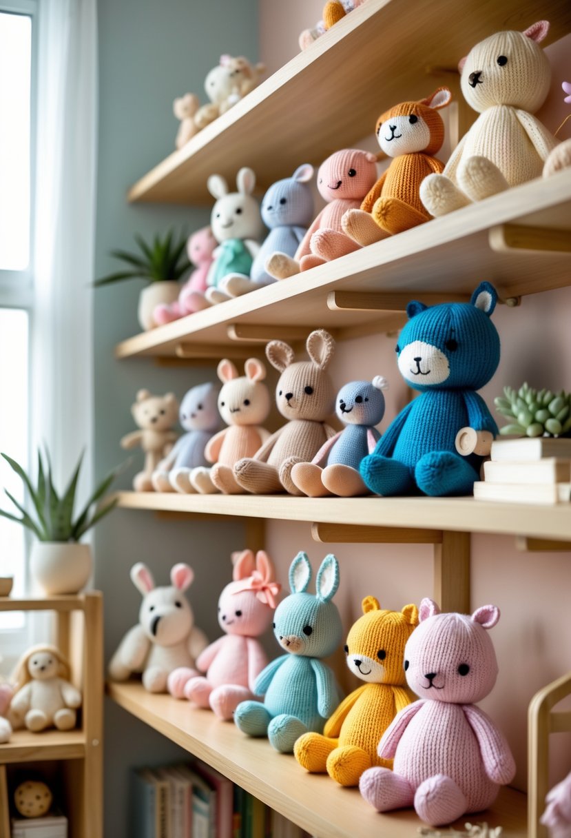 Wooden shelves displaying a variety of colorful handmade knitted dolls arranged as nursery decorations.