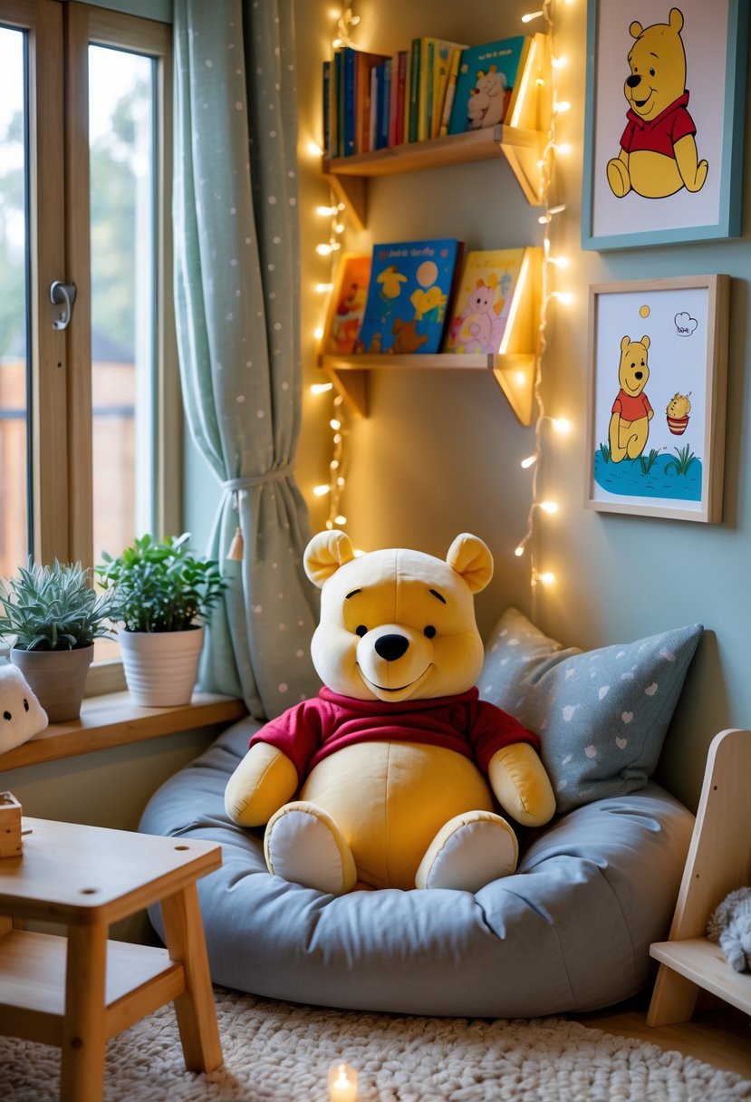 A cozy children's reading nook with a plush Winnie the Pooh bear sitting among cushions and books in a softly lit nursery corner.