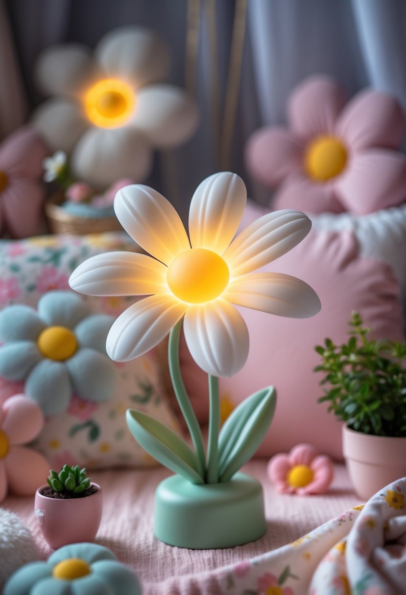 A daisy-shaped nightlight glowing softly in a nursery surrounded by floral-themed decor.