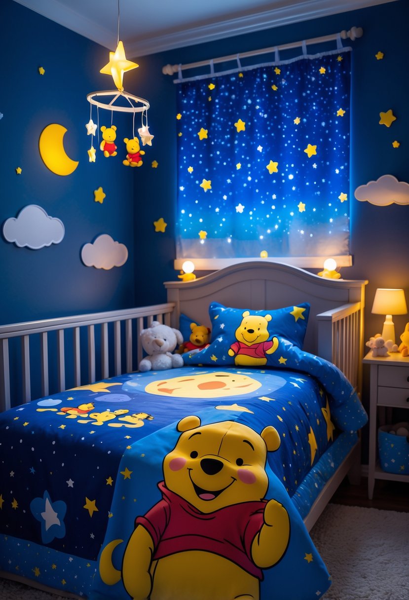 A nursery room with a crib decorated in Winnie the Pooh bedding featuring a starry night sky design, surrounded by plush toys and star-themed decorations.