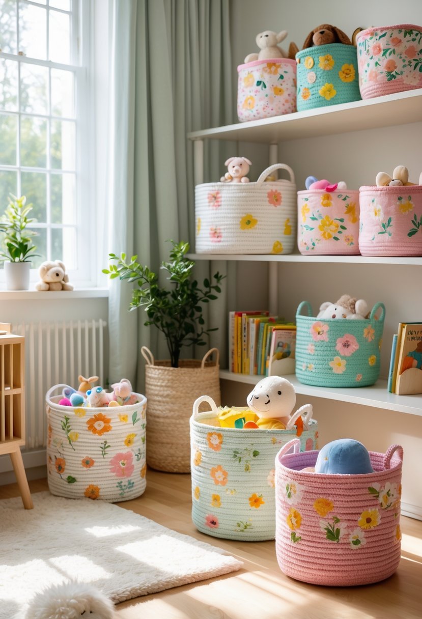 A nursery room with flower print storage baskets holding toys and essentials, arranged on shelves and floor with soft natural light.