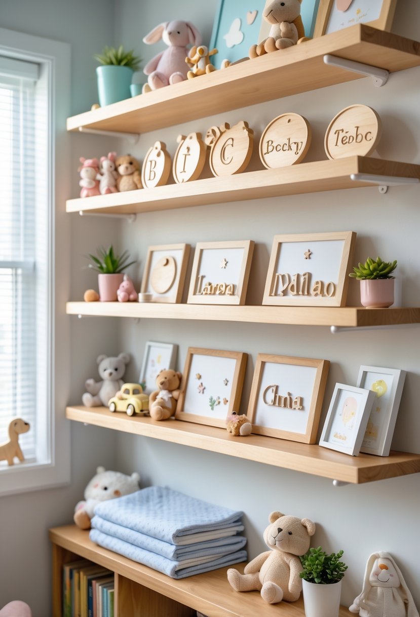 Shelves in a nursery room decorated with personalized wooden name plaques and various cute nursery decor items like plush toys and small plants.