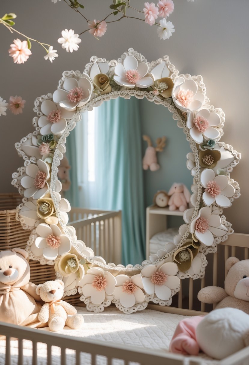 A floral framed mirror with decorative petal edging displayed in a nursery setting with soft pastel colors and plush toys.