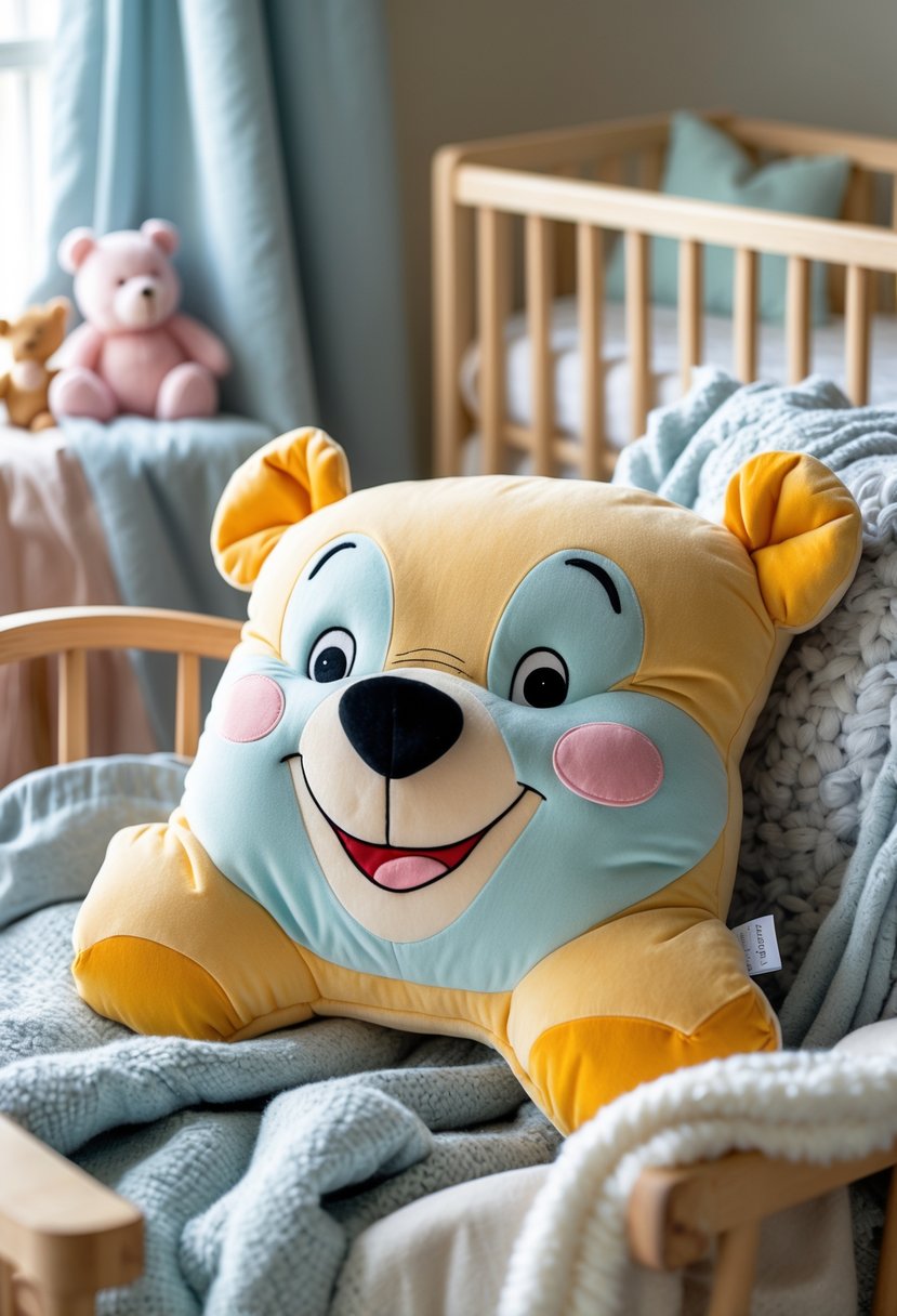 A personalized Winnie the Pooh keepsake pillow displayed in a cozy baby nursery with soft blankets and nursery decor in the background.