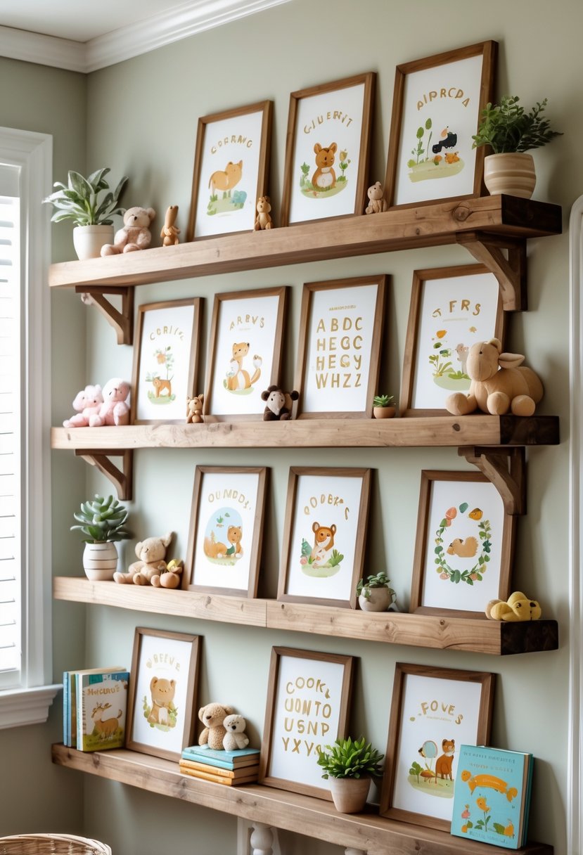 Mounted wooden shelves with vintage nursery prints and small decorative items in a cozy nursery room.