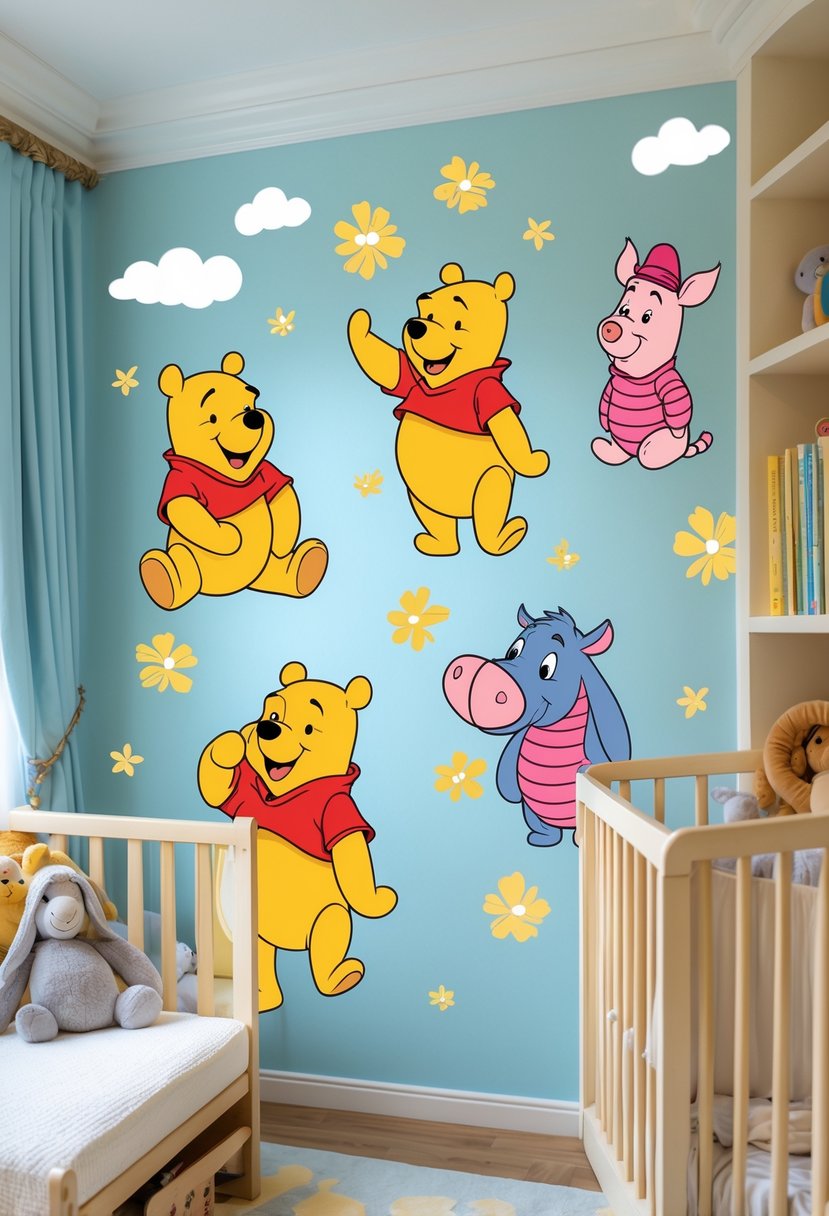 A nursery room with wall decals of Winnie the Pooh and friends on a pastel wall, featuring a crib and soft toys.