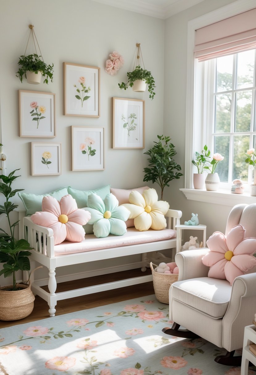 A nursery room with blossom-shaped cushions in pastel colors arranged on a bench and armchair, surrounded by floral decorations and soft natural light.