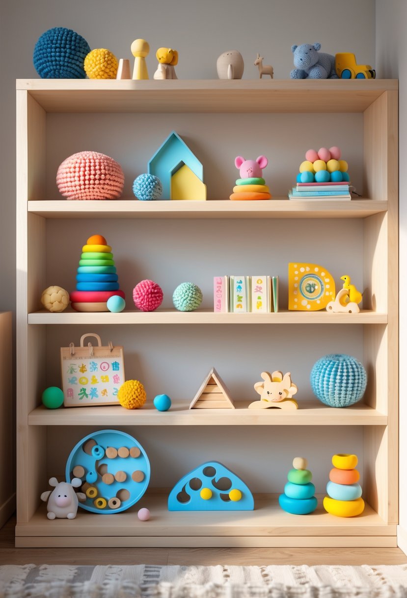 Shelves in a nursery holding various colorful sensory play items and cute decor arranged neatly.