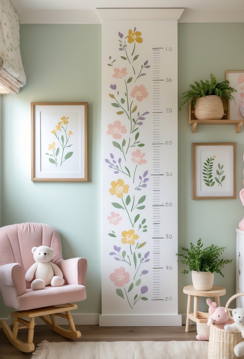 A nursery wall with a floral stenciled growth chart surrounded by plush toys, a rocking chair, plants, and framed botanical prints.