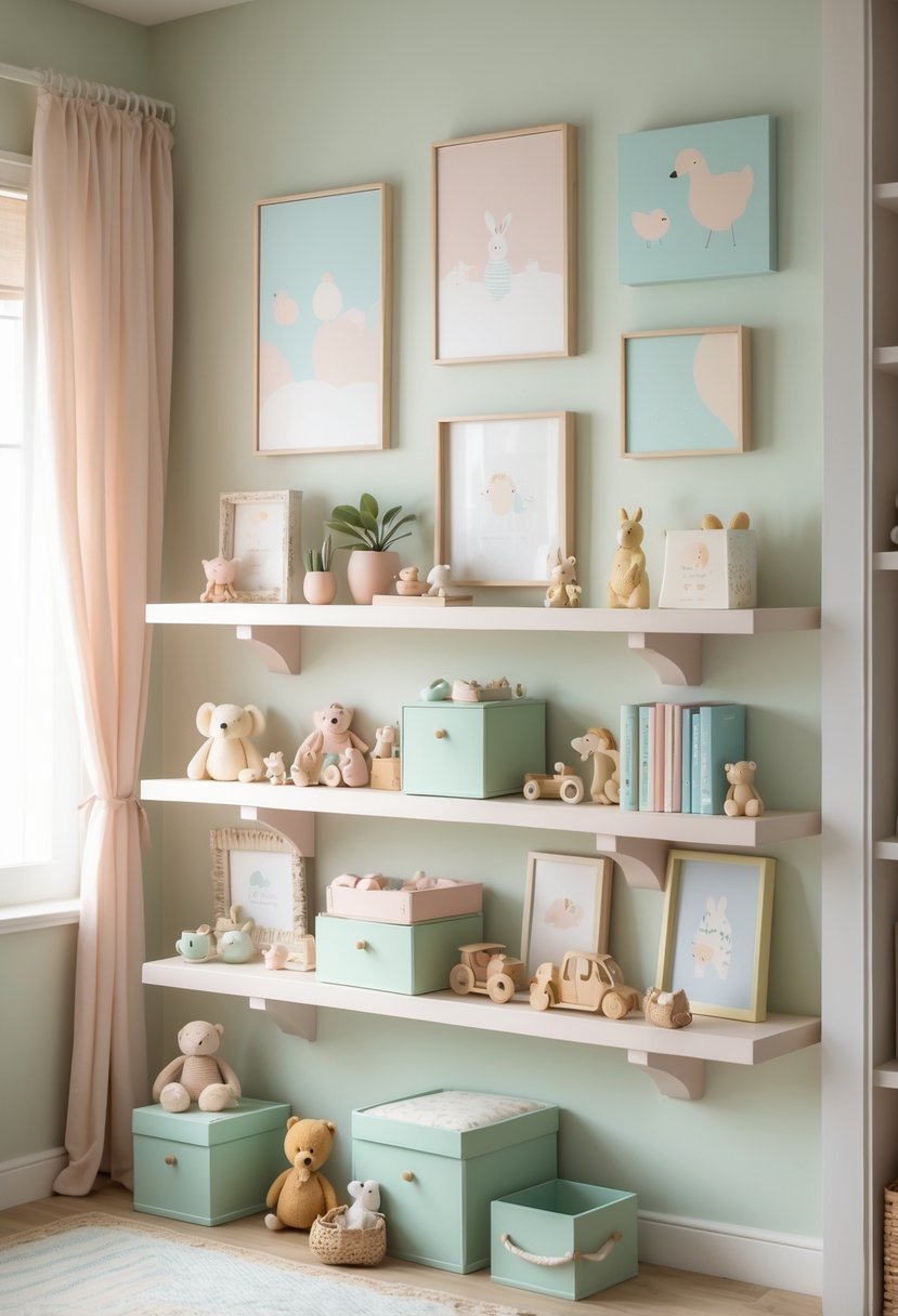 Wall shelves in a nursery decorated with pastel-colored paintings and various cute baby room decorations.