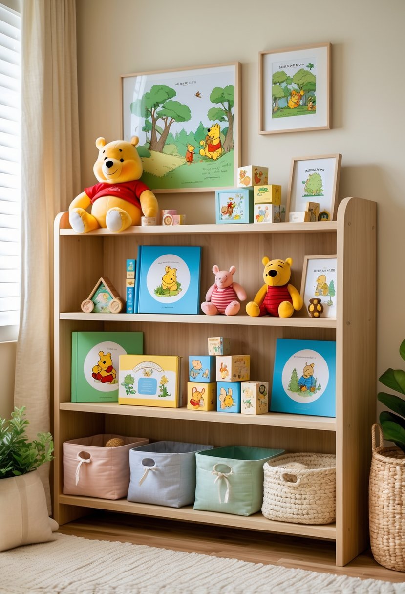 A nursery shelf filled with Winnie the Pooh plush toys, storybooks, wooden blocks, framed art, and pastel storage baskets arranged neatly in a cozy children's room.