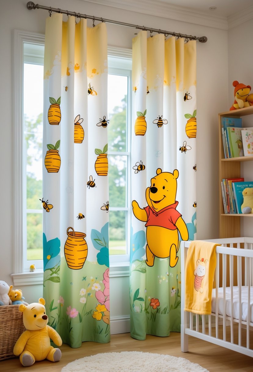 A nursery room with Winnie the Pooh themed curtains, a crib with plush toys, a bookshelf, and a soft rug.