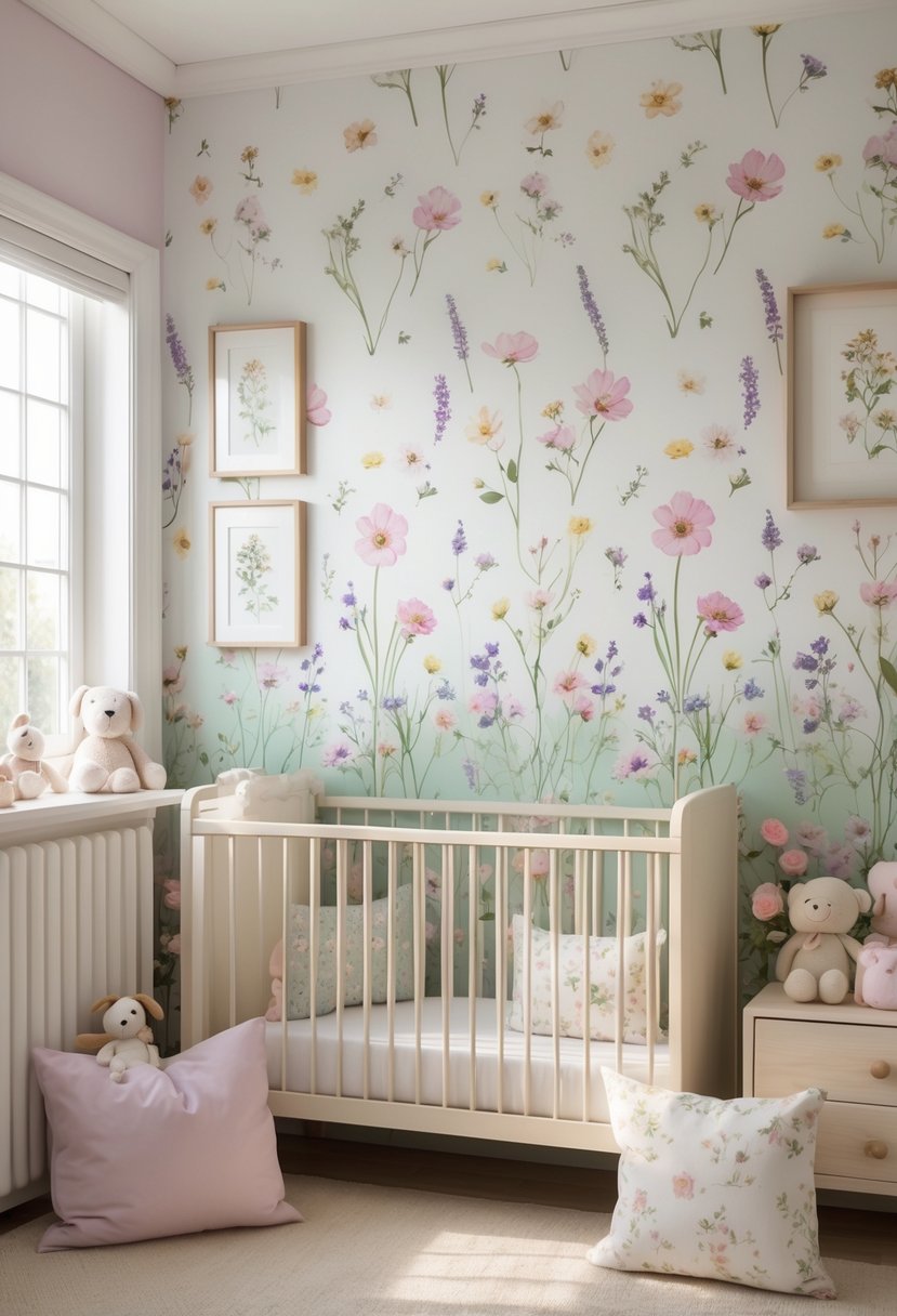 A nursery room with a floral print accent wall in soft pastel colors, decorated with a crib, plush toys, and wooden furniture.